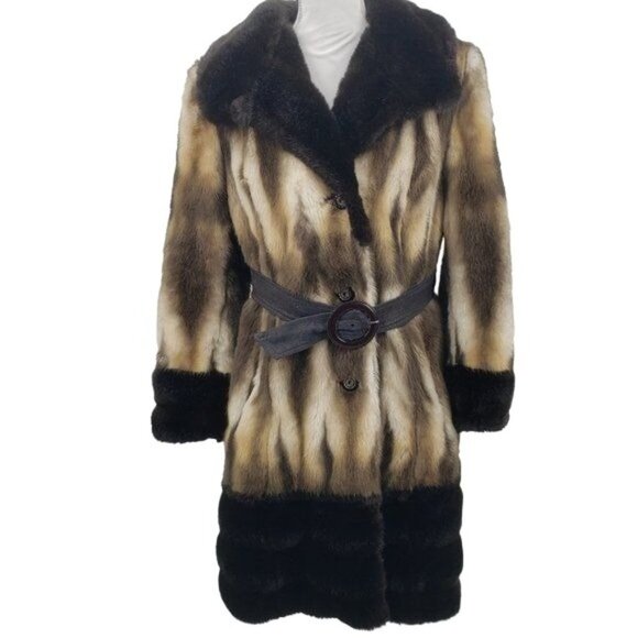 OTTA FIR Vintage Faux Fur Trench Coat 50's 60's Retro Overcoat Belted Small EUC